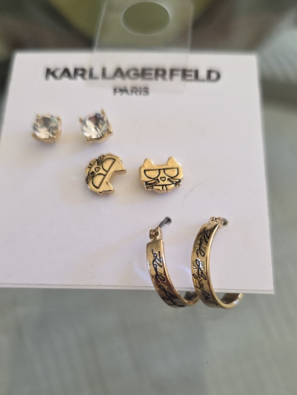 Karl Lagerfeld Kids Gold Tone Earring Trio with Crystal Studs and Cat Motif